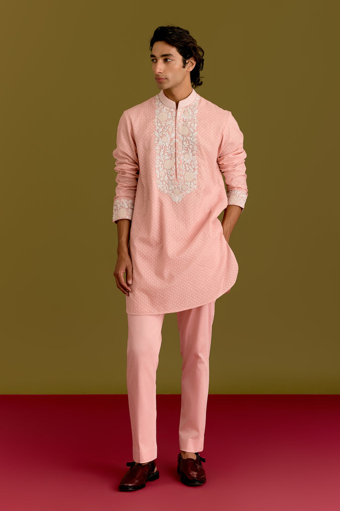 Pink Woven Embroidered Kurta Set