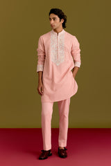 Pink Woven Embroidered Kurta Set