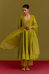 Green Silk Chanderi Anarkali set