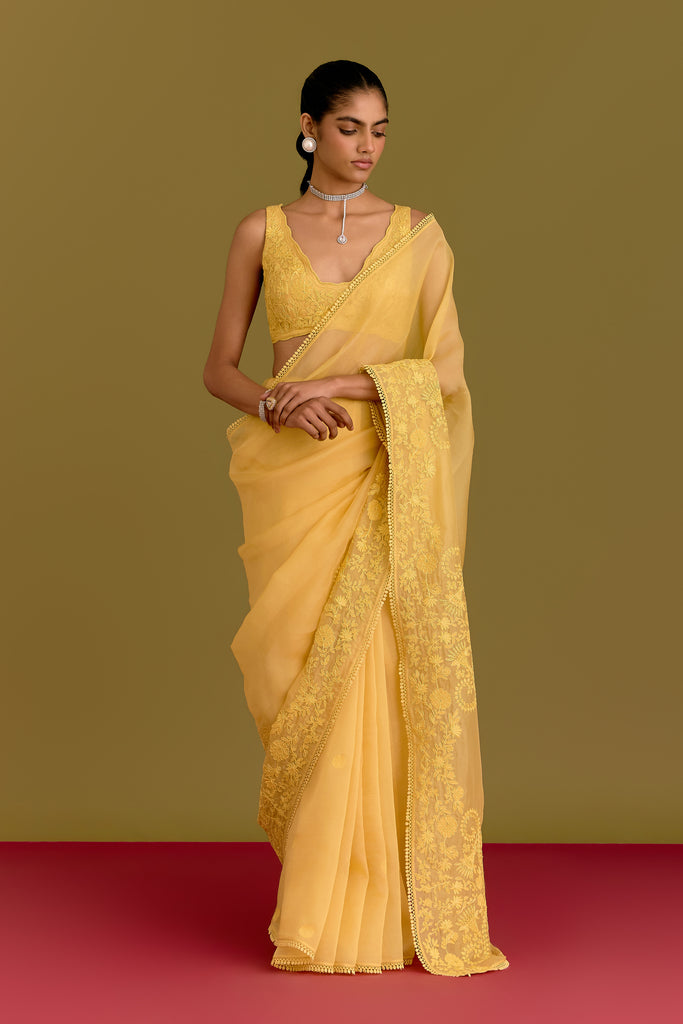 Yellow Embroidered Saree Set