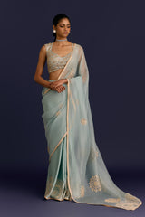 Powder Blue Embroidered Modal Satin Saree Set