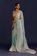 Powder Blue Embroidered Modal Satin Saree Set