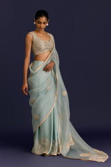 Powder Blue Embroidered Modal Satin Saree Set