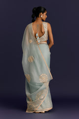 Powder Blue Embroidered Modal Satin Saree Set
