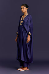 Navy Modal Satin Embroidered Kaftan Set