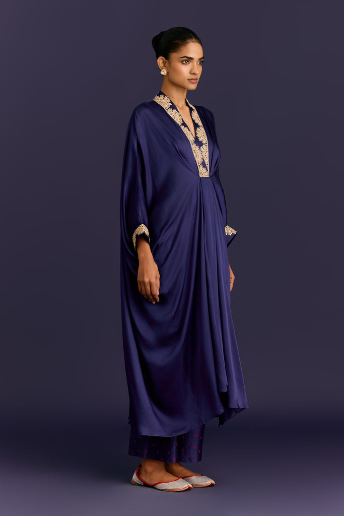 Navy Modal Satin Embroidered Kaftan Set