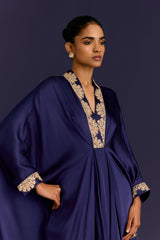 Navy Modal Satin Embroidered Kaftan Set