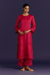 Fuchsia Raw Silk Satin Dori Embroidered Kurta set