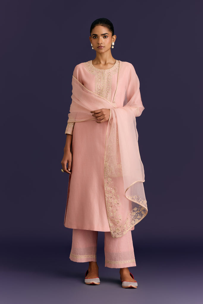 Pink Silk Chanderi Embroidered Kurta Set