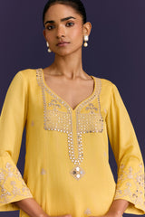 Yellow Cotton Silk Satin Dori Embroidered Kurta Set