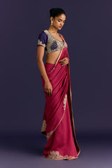 Fuchsia/Navy Embroidered Chinniya Silk Saree Set