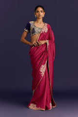 Fuchsia/Navy Embroidered Chinniya Silk Saree Set