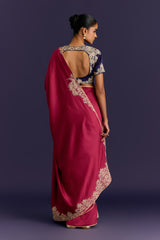 Fuchsia/Navy Embroidered Chinniya Silk Saree Set