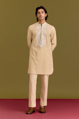 Beige Woven Embroidered Kurta Set