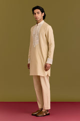 Beige Woven Embroidered Kurta Set