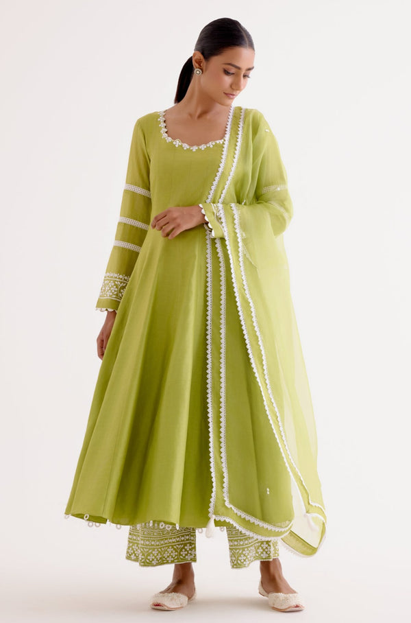 Green Chanderi Anarkali Set