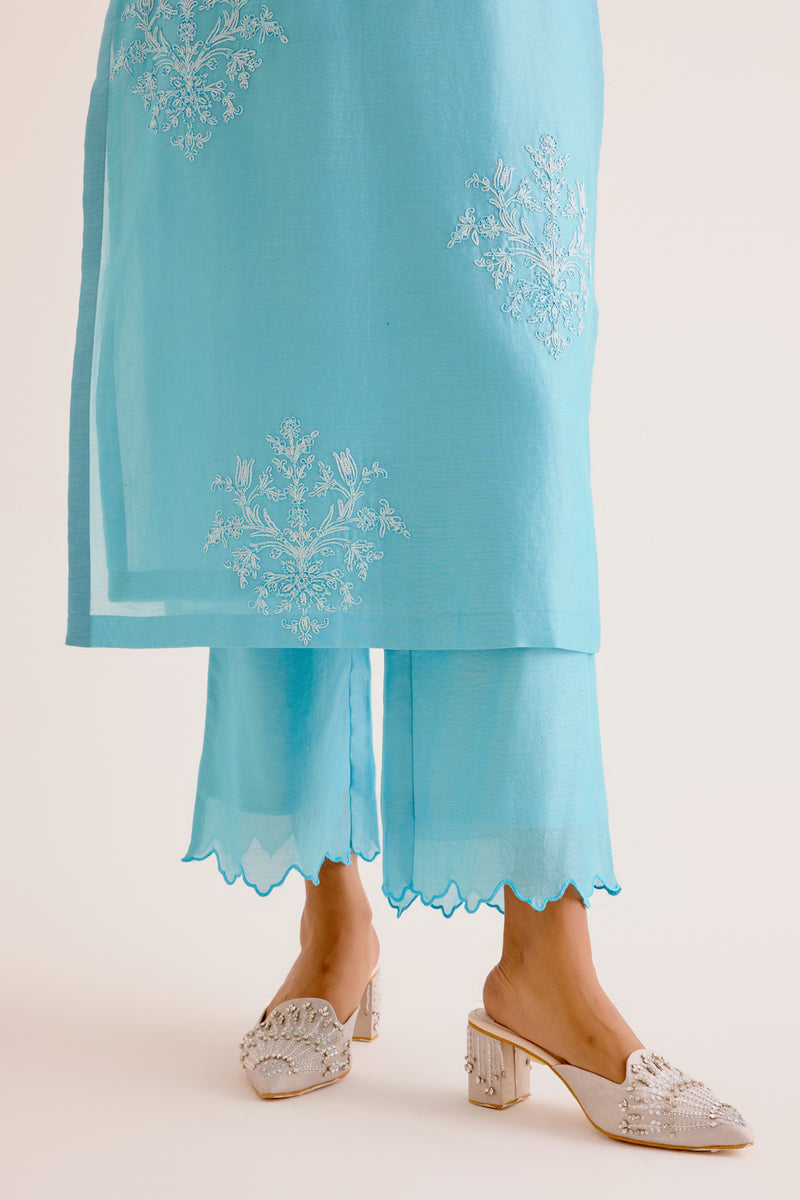 Rashmika Mandanna in Turquoise Blue Silk Chanderi Dori Embroidered Kurta Set