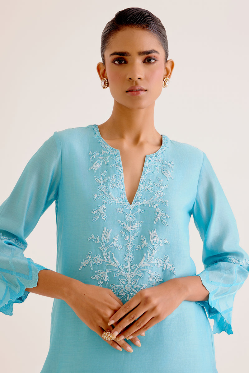 Rashmika Mandanna in Turquoise Blue Silk Chanderi Dori Embroidered Kurta Set