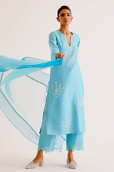Rashmika Mandanna in Turquoise Blue Silk Chanderi Dori Embroidered Kurta Set