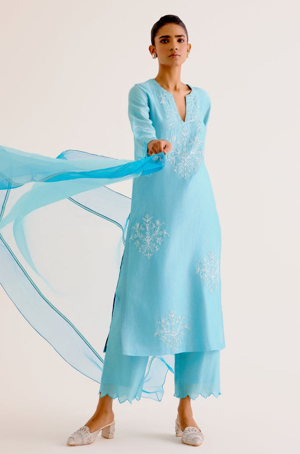 Rashmika Mandanna in Turquoise Blue Silk Chanderi Dori Embroidered Kurta Set
