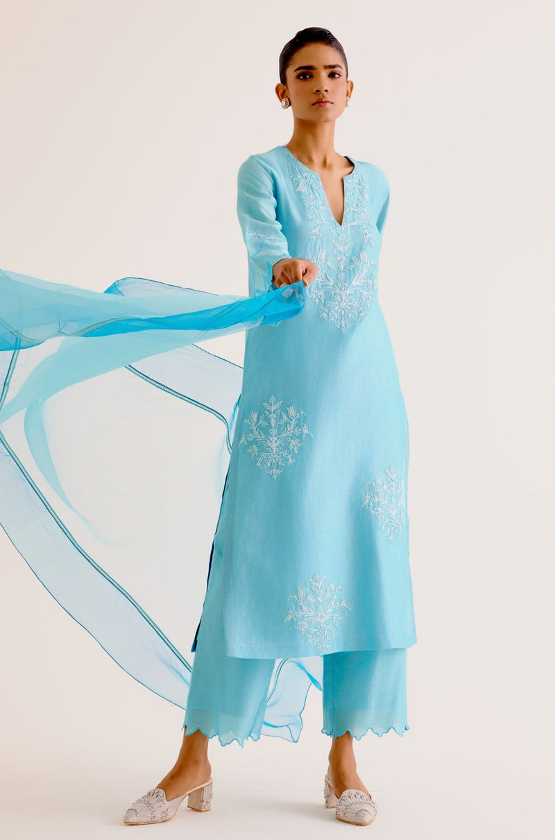 Rashmika Mandanna in Turquoise Blue Silk Chanderi Dori Embroidered Kurta Set