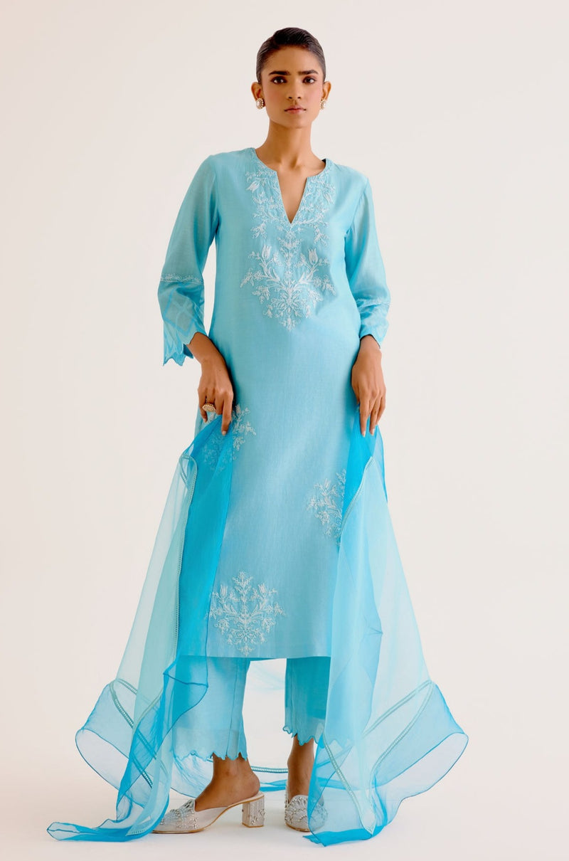 Rashmika Mandanna in Turquoise Blue Silk Chanderi Dori Embroidered Kurta Set