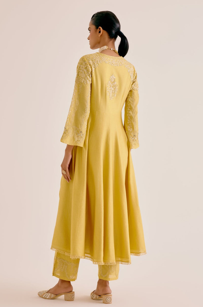 Yellow Silk Chanderi Dori Embroidered Anarkali Set