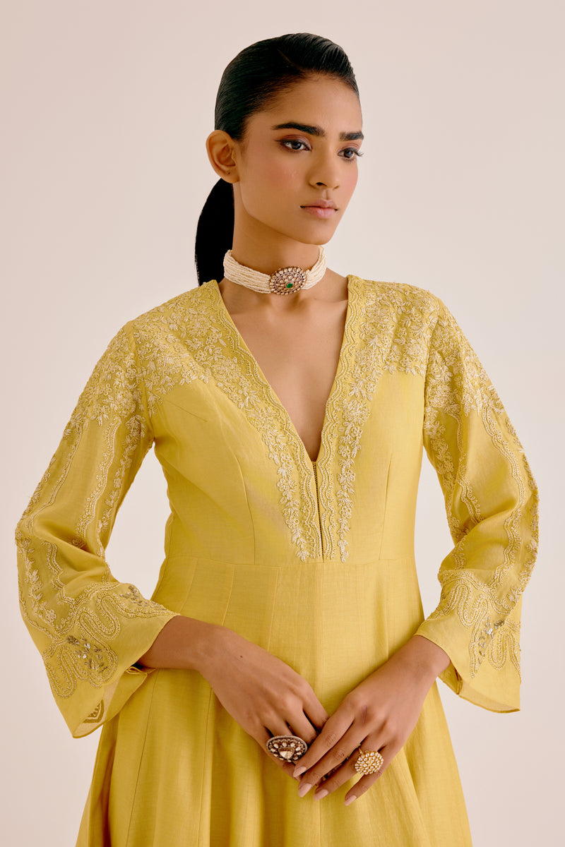 Yellow Silk Chanderi Dori Embroidered Anarkali Set