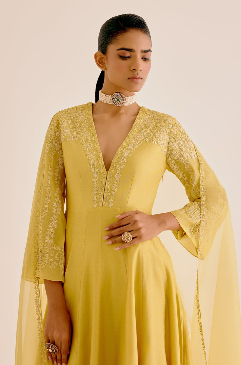 Yellow Silk Chanderi Dori Embroidered Anarkali Set