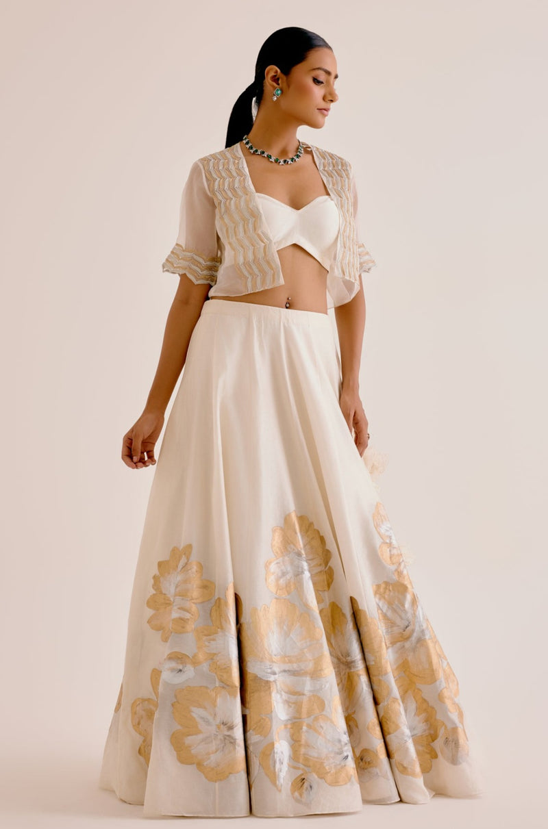 Ivory Silk Chanderi Hand-Painted Lehenga and Short Jacket Set