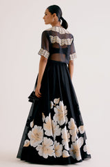 Black Silk Chanderi Hand-Painted Lehenga and Short Jacket Set