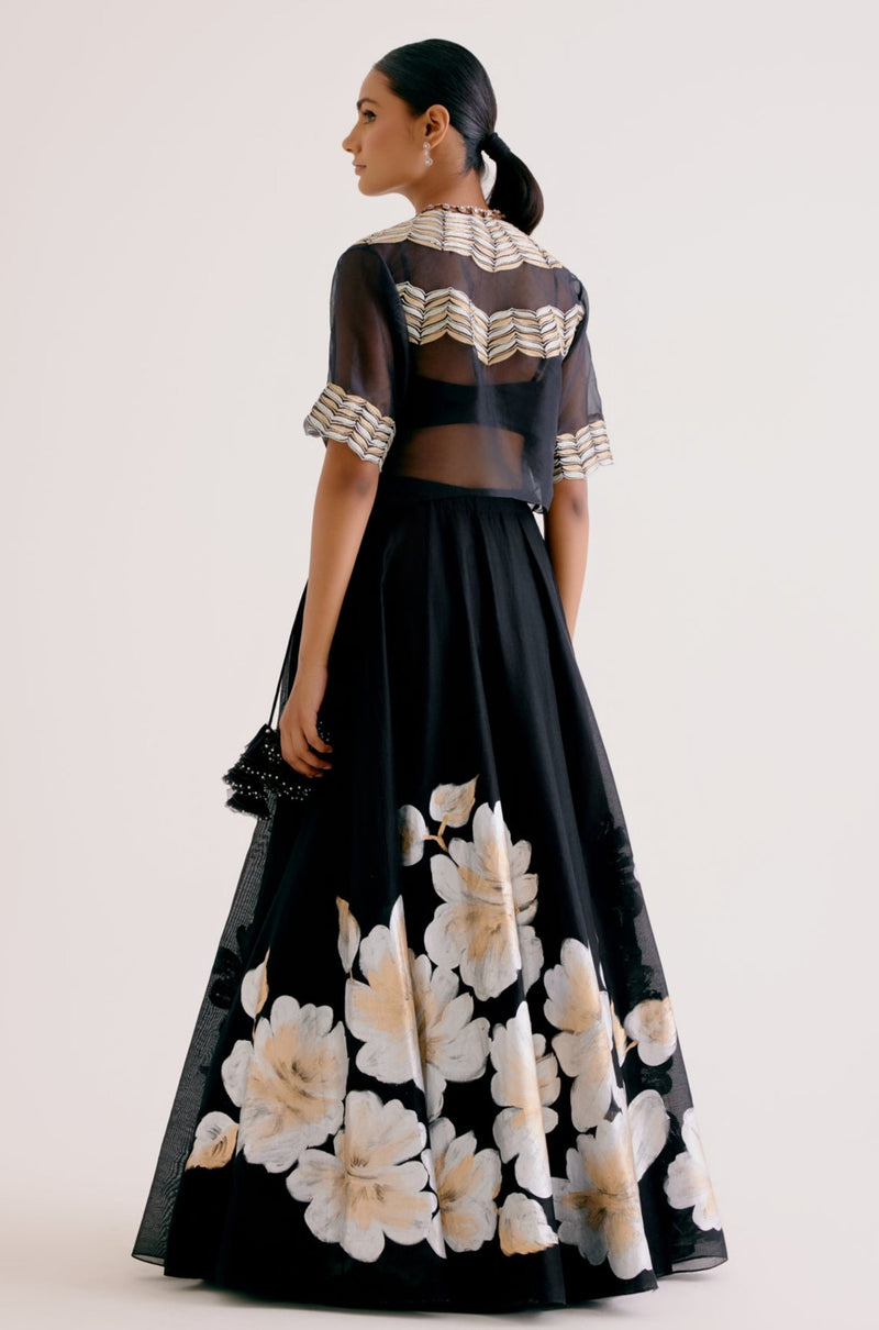 Black Silk Chanderi Hand-Painted Lehenga and Short Jacket Set
