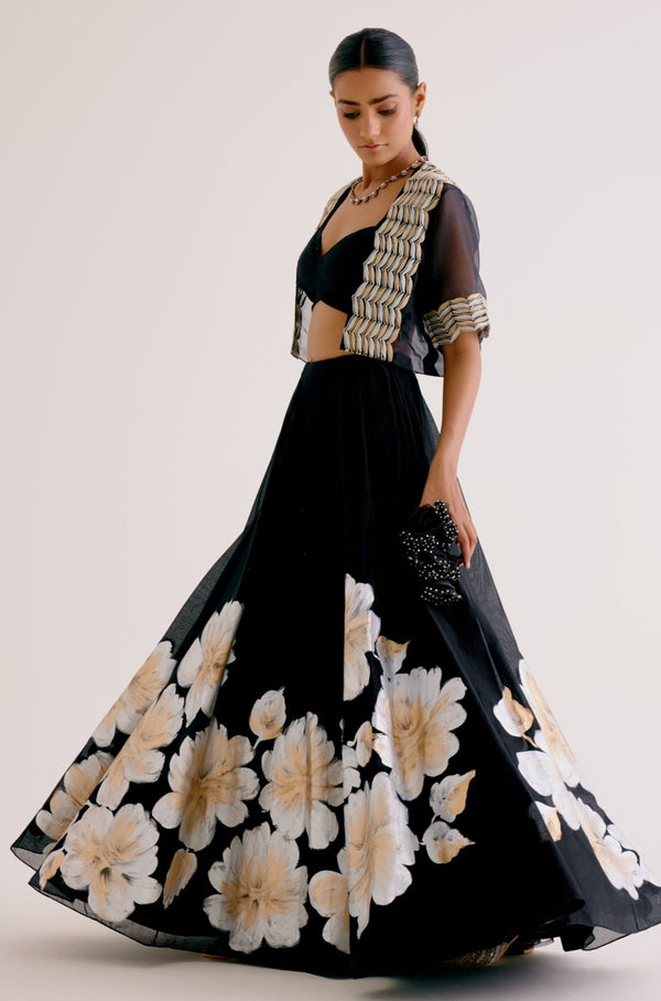 Black Silk Chanderi Hand-Painted Lehenga and Short Jacket Set