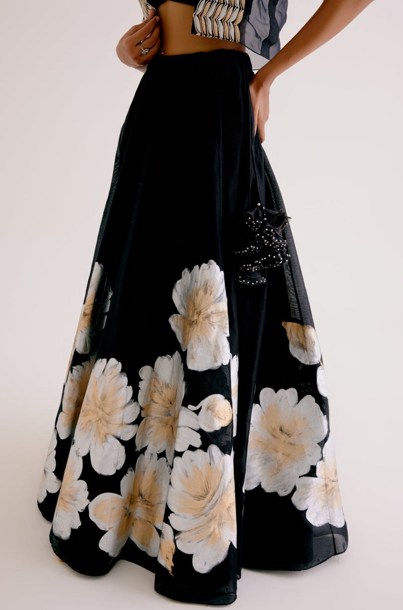 Black Silk Chanderi Hand-Painted Lehenga and Short Jacket Set