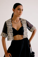 Black Silk Chanderi Hand-Painted Lehenga and Short Jacket Set