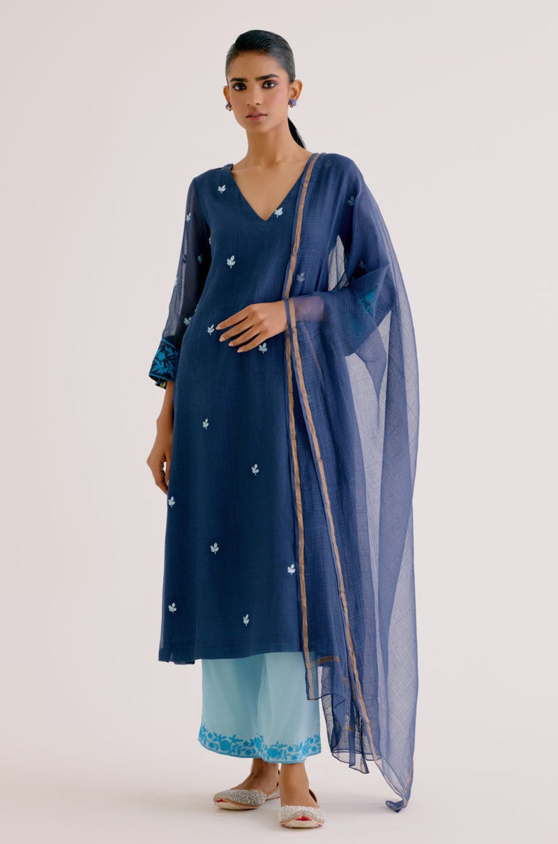 Navy Blue Kota Dori Embroidered Kurta Set
