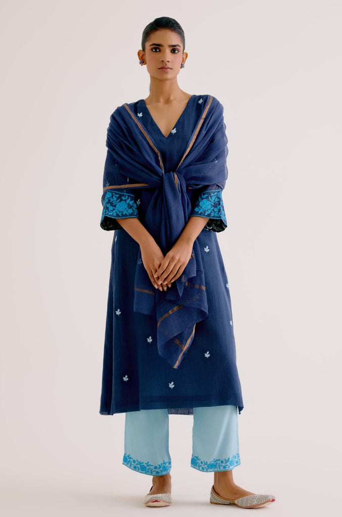 Navy Blue Kota Dori Embroidered Kurta Set