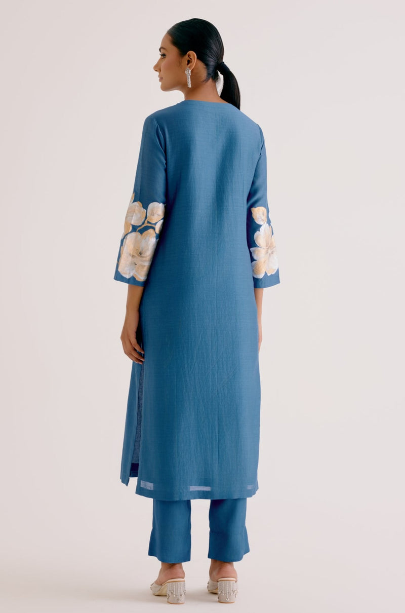Blue Silk Chanderi Hand-Painted Kurta Set