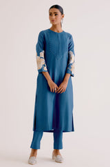 Blue Silk Chanderi Hand-Painted Kurta Set