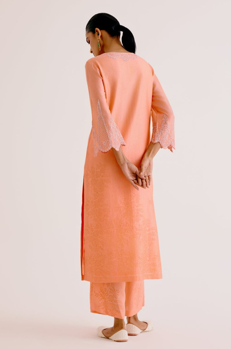 Peach Silk Chanderi Dori Embroidered Kurta Set (RTS)