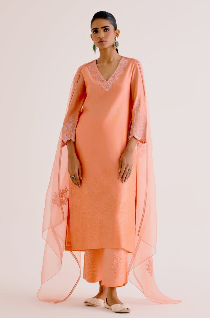 Peach Silk Chanderi Dori Embroidered Kurta Set (RTS)