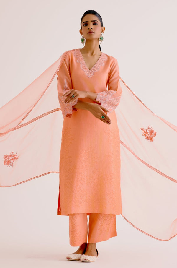 Peach Silk Chanderi Dori Embroidered Kurta Set