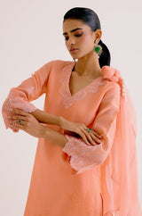 Peach Silk Chanderi Dori Embroidered Kurta Set