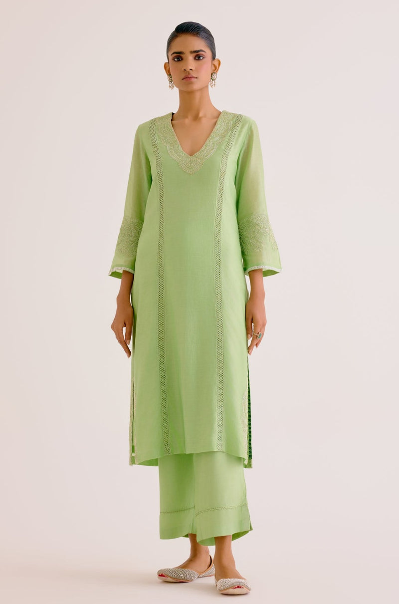 Pistachio Green Silk Chanderi Dori Embroidered Kurta Set (RTS)