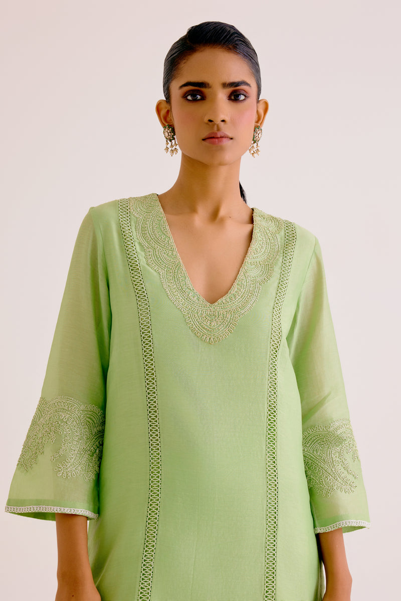 Pistachio Green Silk Chanderi Dori Embroidered Kurta Set (RTS)
