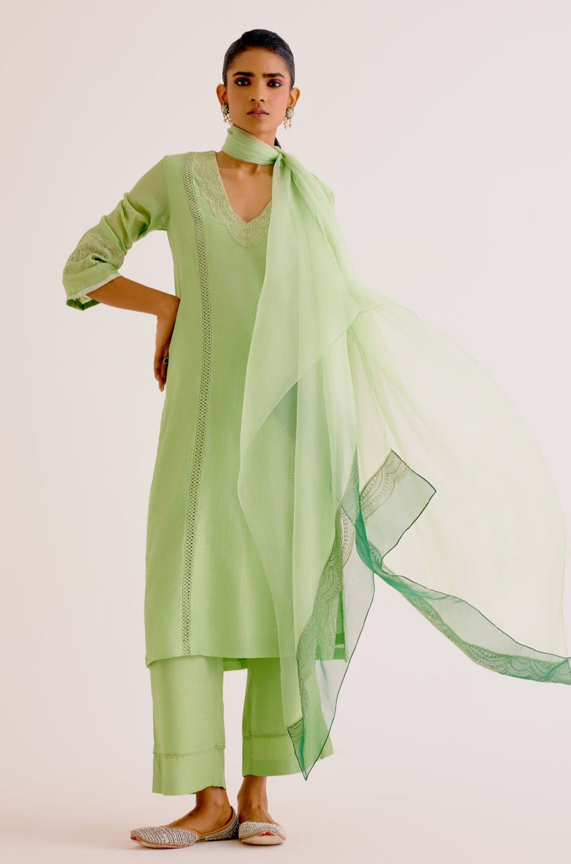 Pistachio Green Silk Chanderi Dori Embroidered Kurta Set (RTS)