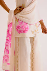 Divya Khosla in Ivory and Pink Silk Organza Hand-Painted  Embroidered Sharara Set