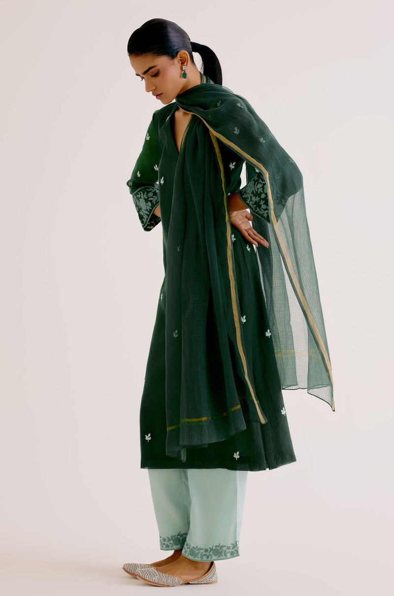 Emerald Green Kota Dori Embroidered Kurta Set