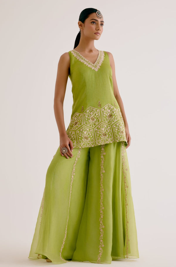 Green in Embroidered Sharara Set