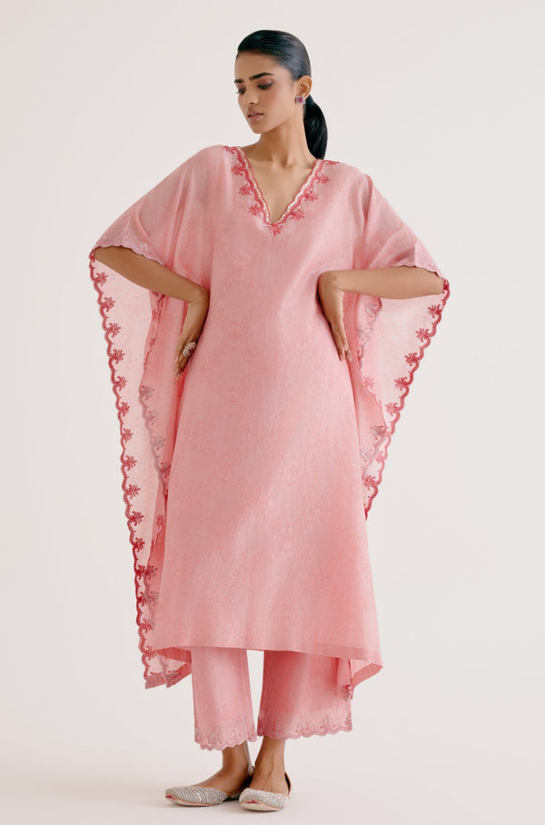 Blush Pink Silk Chanderi Dori Embroidered Kaftan Set (RTS)